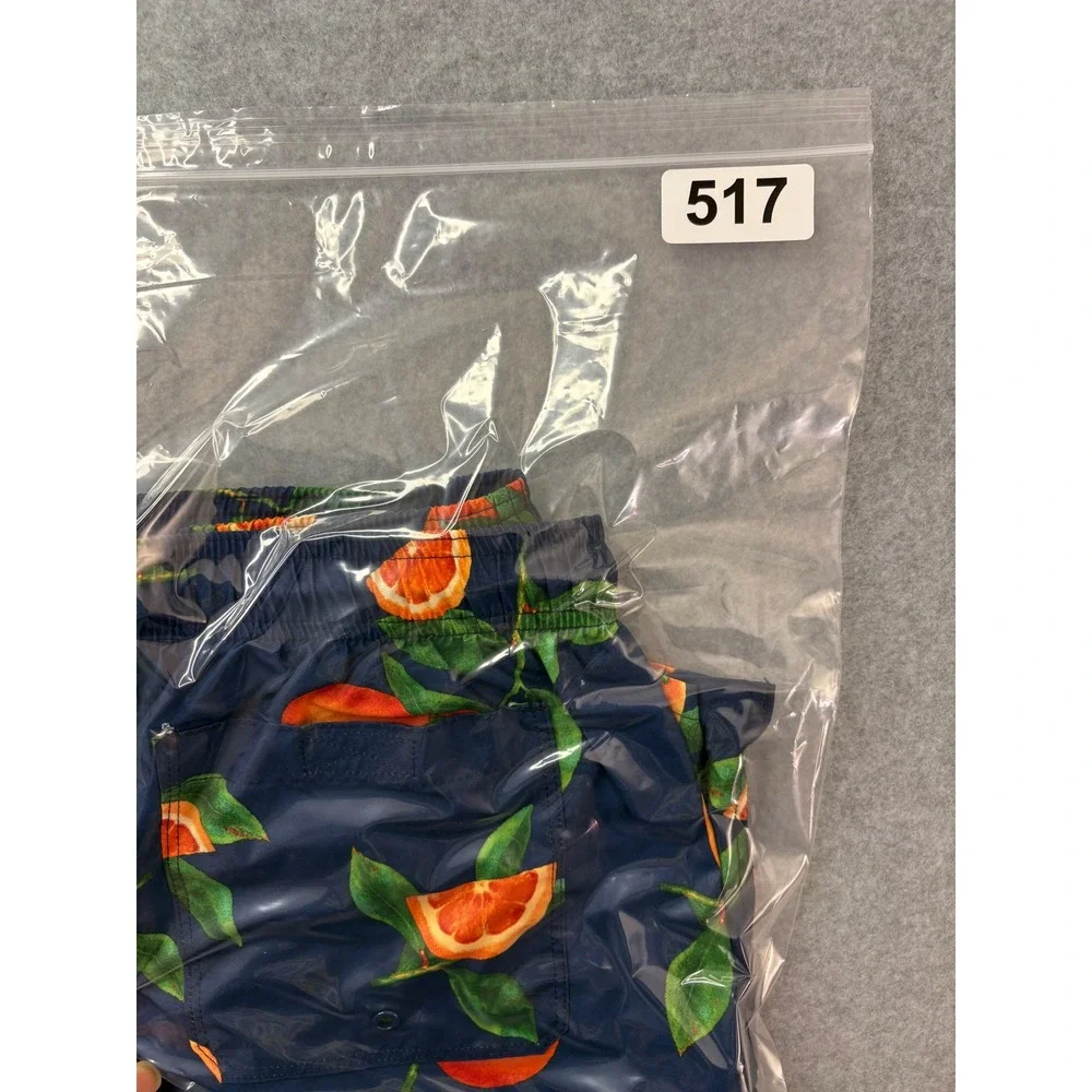 Old Navy Mens Orange Fruit Print Swim Trunks Navy Blue Mesh Lined‎ Size Small